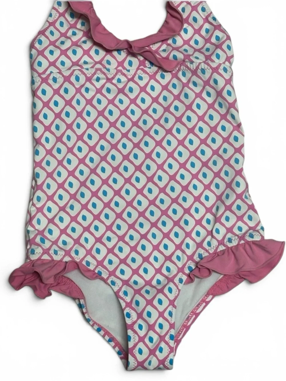 Garnet Hill Pink Diamond-Print Ruffle One-Piece Swimsuit